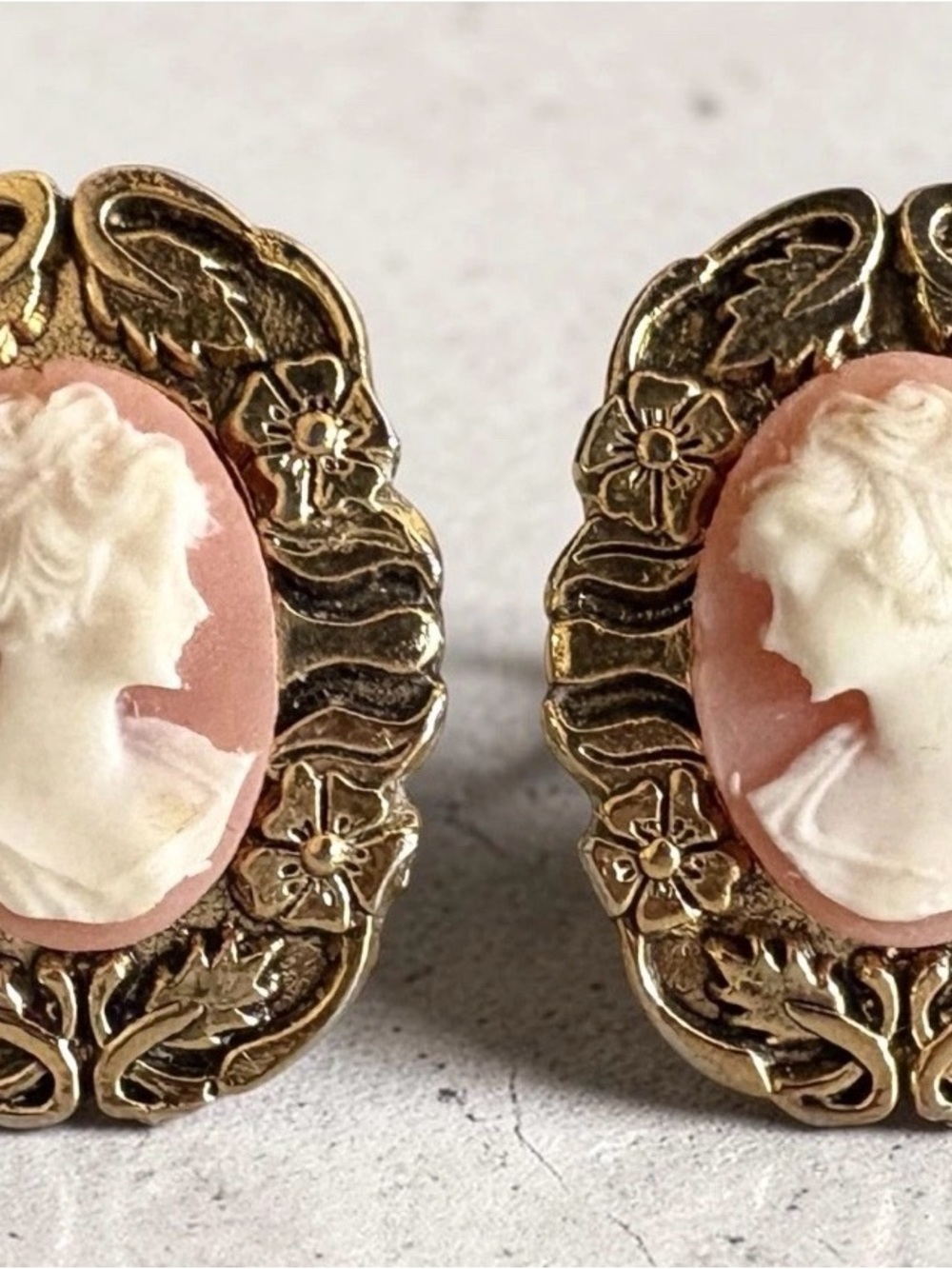 Vintage Pink Cameo Gold Tone Clip On Earrings Victorian Revival